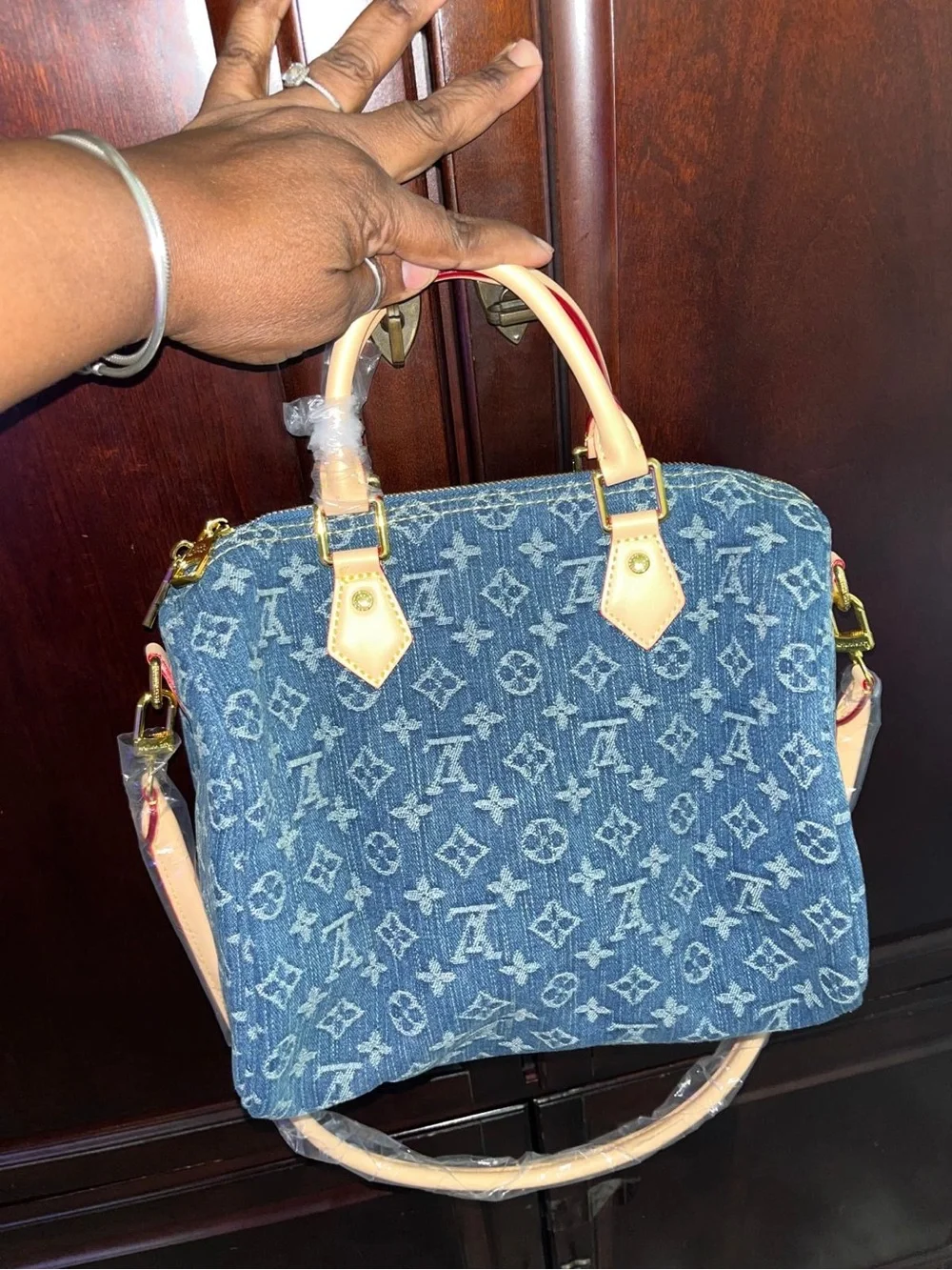 Blue Denim Monogram Satchel with Tan Leather Handles